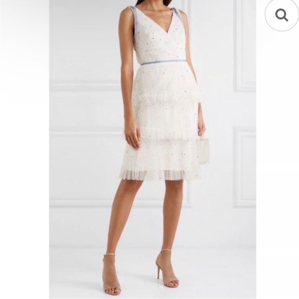 Marchesa Notte  Sleeveless V neck Ivory Tulle Tea Length Dress with Blue Accents